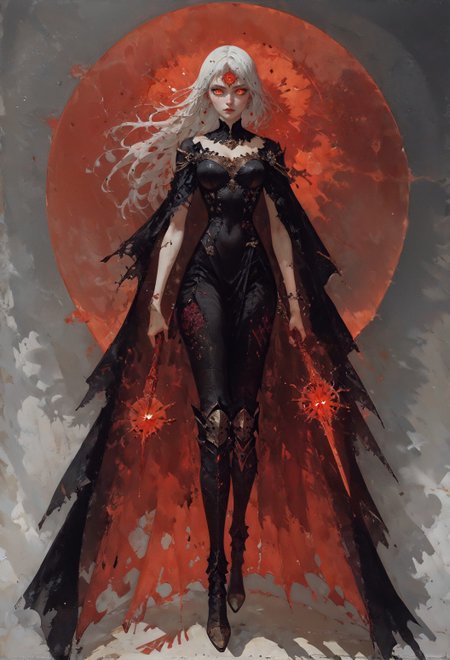 (score_9, score_8_up:1.1), score_7_up,  Elegant, etheral presence, white hair, long hair, infected hair, woman, solo, glowing eyes, an enigmatic aura, shadows, fiery light, dark and red ambiance, depth blur, enigmatique, mysterious, armored dress, beutifuly, curvy, dark dress, infected face, (full body:1.8), black dress  <lora:Expressive_H-000001> expressiveh <lora:vixon gothic oil style:0.7> d4rk01l <lora:Gothic Art 2 Style SDXL_LoRA_Pony Diffusion V6 XL:0.5> <lora:Mon_XL:0.9>