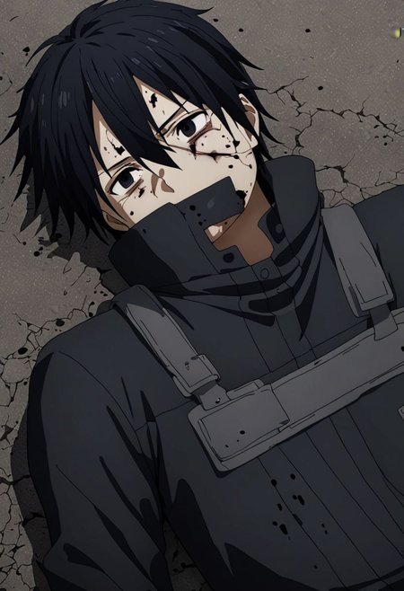 high resolution, professional photography, best quality, 1Boy, Kirigaya Kazuto, Black Hair, Black Eyes, overalldetail, lying down, conquered, hurt, dying, battered, blank stare, bruised