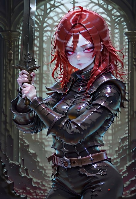 masterpiece, best quality, highres, absurdres, amazing quality, high resolution, 
Red Eyes, Red Hair, pale skin, Black Medieval Armor, leather straps
curved blade
holding weapon two-handed,
