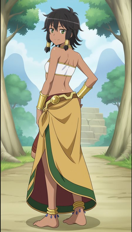 outdoors,nature,
<lora:TionaXL:0.7>,tionasdxl, hair tubes, dark-skinned female, 1girl,solo, neck ring, black hair, bracer, bandeau, short hair, smile, belt, bare shoulders, skirt, looking at viewer, small breasts, green eyes,standing,   from behind, looking back,hand on own hip,long skirt, full body, anklet, barefoot, 
anime screencap, anime coloring, official art,