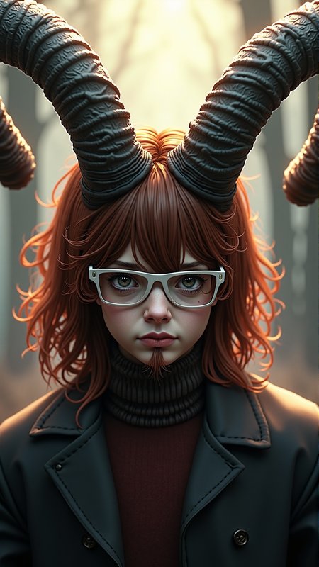 A creative picture of a KrampusStyle highly detailed vfx portrait of a brown long hair centre parting pretty boy with brown eyes and white glasses and short goatee by hidari, wenjun lin, alphonse mucha, sakimichan, sharp focus, art by artgerm and greg rutkowski!, backlit, harsh overhead sunlight,. Dark, atmospheric and moody atmosphere. spiral, slaughter, frightening
<lora:KrampusStyleFlux:__wildcards/numbers/07-09__>