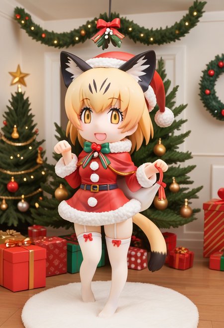 1girl, ((solo)), best quality, ultra-detailed, extremely detailed, perfect anatomy, masterpiece, score_9, score_8_up, score_7_up, Expressiveh, sand cat \(kemono friends\), 1girl, cat girl, cat ears, blonde hair, short hair, yellow eyes, cat tail, christmas tree, christmas decoration, christmas ornaments, underneath Christmas tree background, indoors, santa cosplay, santa outfit, santa hat, santa's sack, Christmas outfit, giant sack of presents, fully clothed, Christmas themed thighhighs, thighhighs, santa's sack of presents, red ribbon collar, Christmas presents, Christmas themed, living room, fireplace, (chibi), looking at viewer, smiling, eager, excited, happy, cute, adorable, surprised, hearts, shaking hips, hip sway, swaying hips, tail movement, tail_accessory, mistletoe_on_tail, mistletoe, dynamic lighting, looking at viewer, standing, standing on one foot, posing, paw pose,