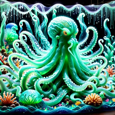 embedding:lazympos a colossal slime octopus emerging from a phosphorescent ocean, tentacles woven with glowing algae, coral reefs transformed into wobbling gelatin, schools of jelly-like fish, sl1m3d, slime-morph, dynamic lighting <lora:Slime_Morph_V4:1.0000000000000002> <lora:TrendCraft_The_Peoples_Style_Detailer-v2.1A-3_12_2025-SDXL:0.20000000000000004>