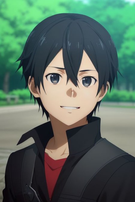 high resolution, solo, best quality, 1Boy, Kazuto Kirigaya, portraits, Black Hair, Black Eyes, Looking at viewer, happiness, depth of field, half body, outdoor, OverallDetail