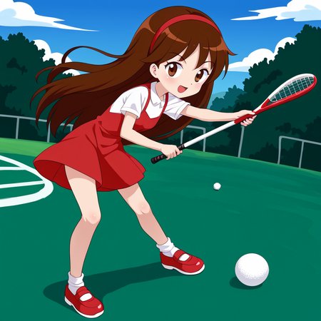 outdoors,  <lora:Narizinho_Sítio_do_Pica-Pau_Amarelo:.8> narizinho, 1girl, solo, , brown long hair, red headband, white undershirt, red dress, white socks, red shoes, playing golf,