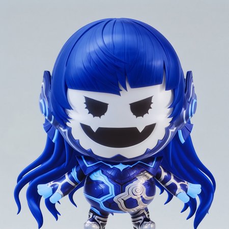 uncensored, masterpiece, best quality, highly detailed, realistic, solo, Nahobeeho, humanoid, ambiguous gender, blue hair, very long hair, hime cut, black eyes, mob face, flesh fangs, white body, white skin, blue bodysuit, multicolored bodysuit, full body suit, blue fingers, smile, open mouth, ((4 fingers)), grey background, simple background, standing, face focus, close-up, portrait, nendo