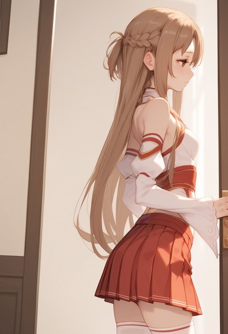 score_9, score_8_up, score_7_up, score_6_up,
<lora:Expressive_H:1.0>
1girl, <lora:SDXL_LORA_CHARACTER_YUUKI ASUNA_V1A:1>, yuuki asuna, brown eyes, brown hair, long hair, bangs, braid,skinny, slender body, tiny, medium breasts, 
red pleated skirt, white detached sleeves, bare shoulders, white thighhighs, 
A girl leaving the room,
indoors, bedroom, door, open door,
(nose blush:1.1), (head tilt:1.2),
hollow eyes, half-closed eyes,
(looking away:1.2), closed mouth,
upper body, from behind,
masterpiece, best quality,