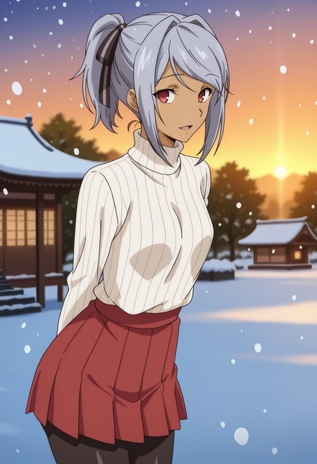 anime screencap, masterpiece, best quality,
<lora:HaremTime_DarkskinGirl_IlluXL:0.9>,
1girl, solo, open mouth, light smile,
dark-skinned female, ponytail, grey hair, red eyes, hair ribbon, black ribbon,
turtleneck sweater, ribbed sweater, white sweater, sweater tucked in, small breasts, long sleeves, pleated skirt, miniskirt, red skirt, black pantyhose,
arms behind back, standing, looking at viewer, cowboy shot,
sunset, winter, snow, snowing, park, east asian architecture, blurry background
