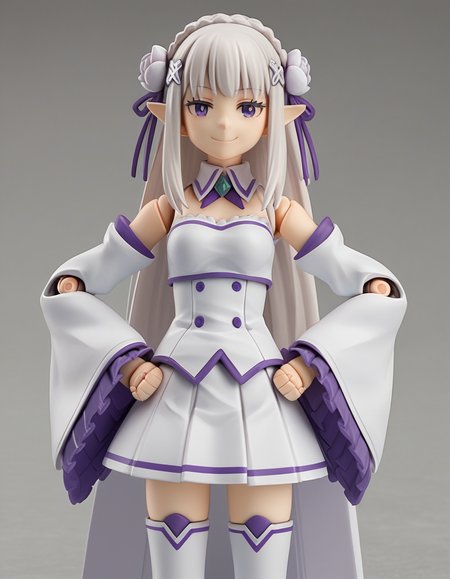 score_9, score_8_up, score_7_up, source_anime, <lora:rezero-emilia-s3-leak-ponyxl-lora-nochekaiser:0.5>, emilia, braid, crown braid, flower, hair flower, hair ornament, hair ribbon, long hair, pointy ears, purple eyes, white hair, x hair ornament, detached collar, detached sleeves, frilled sleeves, frills, long sleeves, miniskirt, pleated skirt, ribbon, skirt, thighhighs, white skirt, white sleeves, white thighhighs, wide sleeves, zettai ryouiki,
<lora:figma-figurines-ponyxl-lora-nochekaiser:1>, figma figurines, 1girl, solo, 3d, joints, doll joints, smile, hands on own hips, smug, cowboy shot,