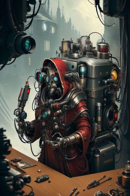((masterpiece,best quality)), absurdres, mechanical arms, robes, hood, (techpriest), cyborg, mechanical face, (SpyWorld50s) Adeptus Mechanicus, mechanical limbs, one mechanical eye, mechanical tentacles,((mechanical backpack)), red cloak, 1other, solo, <lora:adeptus:0.5>