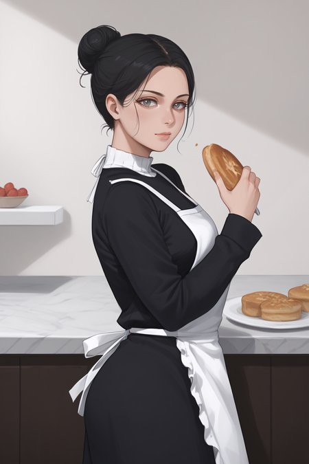 score_9, score_8_up, score_7_up, BREAK source_anime, <lora:Lara Tybur-PonyXL-lora-Faxtron:1> lara tybur, grey eyes, black hair, single hair bun, medium breasts, black dress, long sleeves, apron,