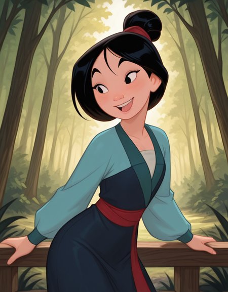 masterpiece, best quality, amazing quality, very aesthetic, absurdres,  newest, detailed background, cowboy shot, 4k, 8k, forest, 
mulanxd, solo, black hair, smile, black eyes, single hair bun, hair bun, 1girl, open mouth, upper body
 <lora:Mulan_-_Disney_Illustrious:1>