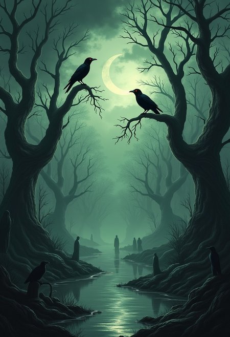 Generate a breathtaking cinematic poster of a surreal dark fantasy forest, where twisted, skeletal trees reach skyward, their bark a mix of deep charcoal and ghostly white. The trees emit a faint, sickly green glow, as if alive with a malevolent energy. A crescent moon struggles to shine through the thick, churning clouds, casting an eerie, fragmented light across the scene. The air is thick with rolling, silver mist that clings to the forest floor, obscuring what lies beneath. In the shadows, spectral figures drift silently, barely visible through the haze. The sky above is a tumultuous swirl of dark greys and muted purples, with flashes of dim lightning illuminating hidden shapes in the clouds. Black crows with blood-red eyes silently watch from the branches, their presence adding to the unnerving silence. The reflection of this chaotic scene shimmers unnaturally on the surface of a dark, stagnant pond at the center of the forest, rippling as if disturbed by unseen forces. The overall atmosphere is one of dread and mystery, with a dark, cinematic quality that evokes both fear and wonder