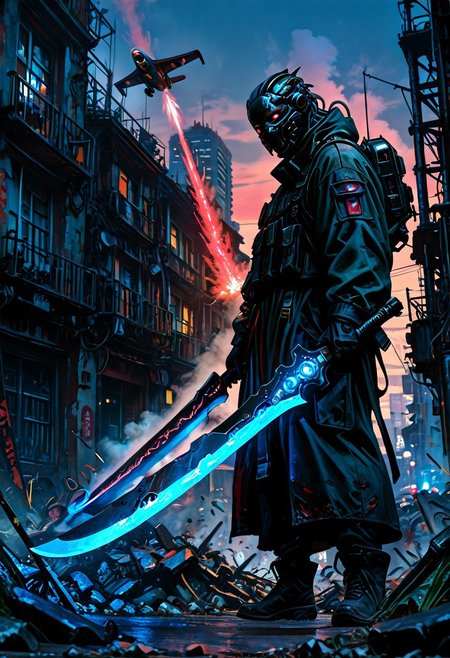 masterwork, masterpiece, amazing quality, best quality, detailed, depth of field, high detail, very aesthetic, 8k, high resolution, photorealistic, realistic skin, realistic anatomy, good anatomy, 
 matte digital painting, line art,ink art, meticulous shading, 3d shading, 
 deep colour, high contrast, hyperdetailed, sharp edges, precise, clear focus, detailed face, face focus, sideview, wide shot, looking at viewer, 
 dynamic image of a woman, soldier, enigmatic, (glowing red eyes), wearing a matte black modular suit of armor, molded armour, high-tech combat armour, futuristic, holding a futuristic naginata (blue glowing blade:1.5), good hands, ready to fight, standing tall,  black face mask,fighting in the streets of a futuristic city, gritty, urban warfare, damaged futuristic buildings, debris,
alien fighter planes overhead, firing missiles, night sky, distant fires, smoky sky, 
emwv2-illu
