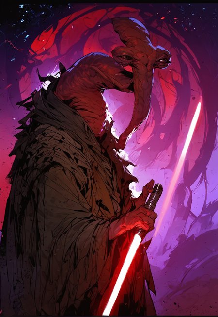 score_9, score_8_up, score_7_up, BREAK,
ithorian hammerhead alien on a space station, window showing stars and wormhole, dramatic lights, (((holding red lightsaber)))
