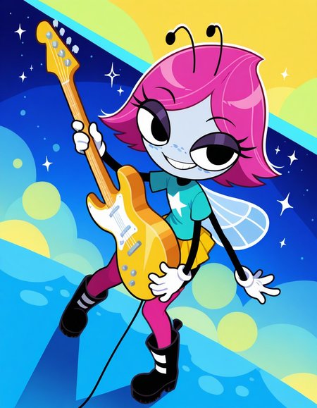 masterpiece, best quality, amazing quality, very aesthetic, high resolution, ultra-detailed, absurdres, newest, abstract background, blue background, yellow background, stars, glitter,BREAK, detailed background, detailed hair, depth of field, detailed photorealistic details, volumetric lighting, masterpiece, newest, absurdres, safe, , very aesthetic, absurdres, Maggie Pesky, arthropod girl, short hair, pink hair, freckles, yellow skirt, pleated skirt, aqua shirt, white star print, pink thighhighs, white gloves, short sleeves, wings, ((4 arms)), black eyes, eyelashes, black skin, antennae, insect wings, black boots, standing, happy, smile, dynamic pose, dynamic angle, dramatic angle,excited, smug, smirk, grin teeth, holding electric guitar, rocking out, , <lora:dd301880-a1bf-4ad1-b74f-0b6bb1ab7476:1.0>