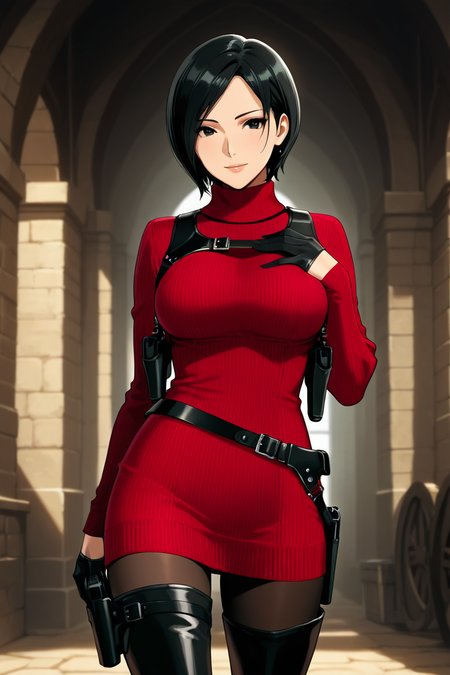 <lora:ada_wong_re_illus:0.7> ada wong, black hair, short hair, black eyes, large breasts, red sweater, turtleneck, chest harness, pantyhose, black gloves, half gloves, black belt, pistol holster, 1girl, solo, looking at viewer, smile, thighhighs, jewelry,  standing, weapon, boots, belt, black footwear, lips, gun, thigh boots, bob cut, high heel boots, sweater dress, thigh holster, asian, shoulder holster, black thighhighs, anime coloring, pistol holster on belt, medieval cities, more detail, cowboy shot, hand grabbing chest,