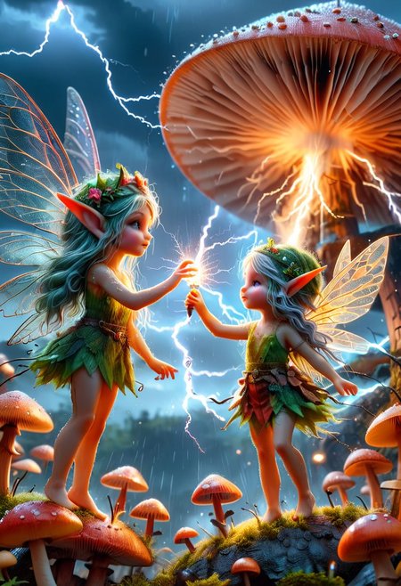 Two micro-fairies like angels with fragile wings dancing in the air under a large mushroom, girls face, ultra high details, thunder and lightning, fireflies in the background, ancient decent, umbra color pallet, sky, trending on artstation, sharp focus, studio photo, intricate details, highly detailed, by greg rutkowski, Miki Asai Macro photography, close-up, hyper detailed, trending on artstation, sharp focus, studio photo, intricate details, highly detailed, by greg rutkowski