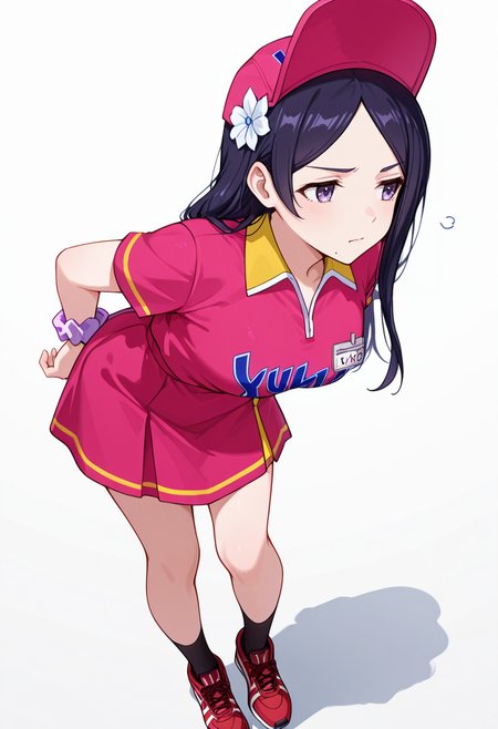 masterpiece,high quality details, absurdres,
 <lora:Kohinata:0.8>
kohinata_cnr,  1girl, black hair, long hair,parted bangs, purple eyes,mole under mouth, 
kohinata_s1,uniform_cnr,employee uniform, sportswear, pink shirt,short sleeves, skirt, hat, black socks,red sneakers,  hair flower, wrist scrunchie,, simple background, white background, front view,solo,, annoyed,sad,, looking away,bent forward at waist,one arm extended forward,