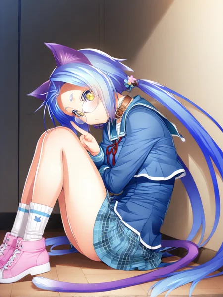 perfect quality,best quality,absolutely eye-catching,ambient occlusion,raytracing BREAK
1girl,<lora:merikuru seisyunn IL v1.1:1>,seisyunn,green eyes,cat ears,blue hair,low twintails,glasses,blue school uniform,pleated skirt,plaid skirt,neck belt,miniskirt,socks,pink shoes,cat tail,long sleeves,, pov, looking at viewer,medium_shot,fetal_position,poking,arms_crossed,sitting_backwards,