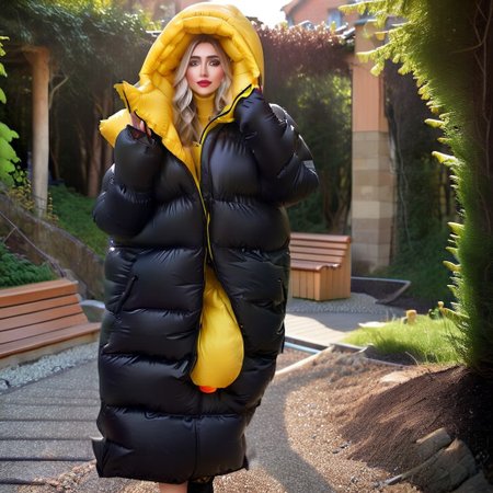 full view of hyper realistic front very cute  stuning european blond very curvy women wearing a yellow ((extra_puffy_adjusted_long_strait_closedo_jacket))  ((ultra_long_puffy_stait_skirt)) ((extra_puffy_down_hood)) ((fully_down_hooded)) ((very_high_down_collar)) ((down_glove)) ((down_puffer_boots)) 
,slim downcoat,closed coat, ball_gag, 
long_legs, long_sleeves,  dress, high_strait_neckbrace, medical_neckbrace, lips, hand_fan, dress, beach,  walking, daytime, sun, sunlight,
<lora:Puffer_Jacket_and_Down_Jacket_-_Extra_Puffy_Jackets:0.9>
 <lora:VictorianBustleDress:0.6><Lora:Parkasite-XL:1.0