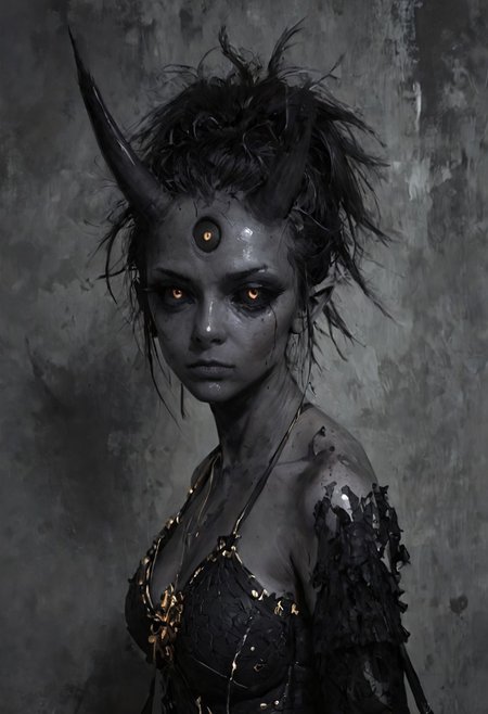 score_9, score_8, score_7, score_6, (masterpiece), best quality, expressive eyes, perfect face, ((te'kharoth, third eye), tail, horns), spiky hair, messy hair, ponytail hair, thick hair, black hair, black sclera), 1girl, gold eyes, wings, BREAK, armor, line under eyes, Oil Painting