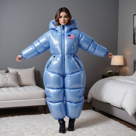 one cute american women wearing a large inflatable jacket downsuit puffer_downsuit , hyperdetailed photography,4k textures,intricate details,4k resolution,  <lora:puffer_downsuit_v1:0.4>, bedroom made from puffer downsuit material scene
 <lora:inflatablerubber:0.8>