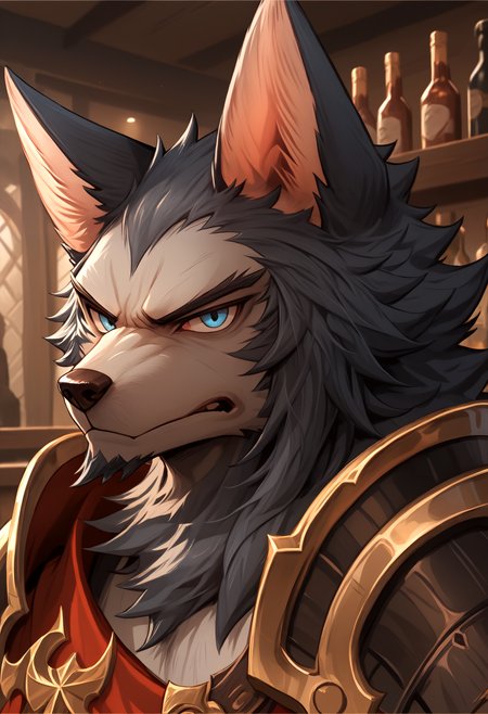 score_9, score_8_up, score_7_up, 8k, detailed design, detailed background, detailed characters, masterpiece, anthro only, furry only, solo, 1boy,  <lora:Tydus-000001>, tidus (afk), 1boy, grey fur, animal ears, blue eyes, wolf boy, close up, looking at viewer, angry, closed mouth, armor,  inside, bar,