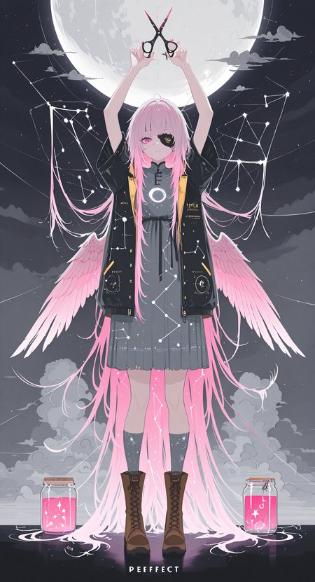 masterpiece, best quality, good quality, very awa, newest, highres, absurdres, 1girl, solo, long hair, looking at viewer, dress, holding, very long hair, standing, jacket, full body, pink hair, multicolored hair, short sleeves, boots, open clothes, wings, sky, shoes, socks, cloud, english text, open jacket, coat, arms up, gradient hair, brown footwear, moon, eyepatch, cloudy sky, star \(sky\), feathered wings, bird wings, grey dress, scissors, jar, constellation, grey socks, constellation print, holding scissors, thread, cutting hair, zodiac, limited palette, h4ra_illu <lora:illustriousXL_stabilizer_v1.23:0.3> <lora:NOOB_vp1_detailer_by_volnovik_v1:0.3> <lora:ponyv6_noobE11_2_adamW-000017:0.3> <lora:114558v4df2fsdf5:0.6> <lora:XXX667:0.4> <lora:mon_monmon2133:0.5> <lora:hara_id_21:0.6>