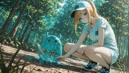 meeting a field, nail_polish, anime character, Side-swept ponytail, drawing deadly spell in air with colossal feather quill, newest, best quality, very aesthetic, Simple T-shirt dress, Crouching with arms wrapped around legs, Midday Sun / High Noon, medium breasts, absolutely eye-catching, Historian (Secret History), motion_lines:1.1, slime_(creature), amazing quality, 8K, 2girls, ambient occlusion, baseball cap worn backward, bright daylight., Honey blonde hair, demon_girl, Forest edge, Turquoise Theme, Mai Sakurajima (Rascal Does Not Dream of Bunny Girl Senpai), in the style of Akudama Drive, ink in water, ephemeral, high-top sneakers., Leviathan, HDR, long hair, barefoot, ultra-detailed, Dynamic angle, hanging breasts, masterpiece, motion_blur:1.1, bored, depth of field, absurdres, pale skin