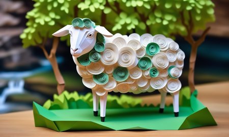 origami style <lora:papercarvingcd_xl-000005:0.6>,a handmade sculpture of a sheep made of papercarvingcd_xl in office scene,full body,scenery,tree,river,stone,lawn,miniature,tilt-shift,indoors,chinese zodiac,wooden table,cutie,cute,still life,animal statue,front view,facing viewer,looking at viewer,8K,HDR,UHD,masterpiece,best quality,highly detailed,high resolution,finely detail,extremely detailed,ultra detailed,wallpaper . paper art, pleated paper, folded, origami art, pleats, cut and fold, centered composition