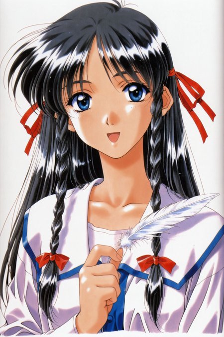 Manami Sugihara,1girl,solo,long hair,braid,feathers,blue eyes,long sleeves,ribbon,hair ribbon,black hair,retro artstyle,looking at viewer,upper body,twin braids,white background,1990s \(style\),simple background,bangs,white feathers,smile,open mouth,
<lora:Mizutani Tooru_illustriousXL:1>,