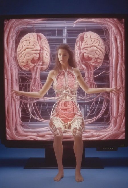 crt style tvs sets multiple human brains emerging from woman glowing massive amounts of intestines and cables woven together inside multiple modern television sets in technology warehouse