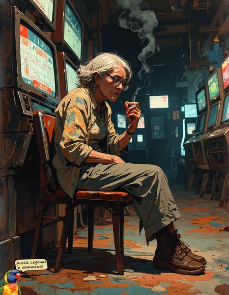 An elderly caucasian woman sits slouched facing the bright screen of an automated poker machine, her thin shoulders hunched forward. The machine's screen is not visible but it's the glow of its cheap flickering lights illuminate the old woman's face unflatteringly. Thick glasses magnify her tired eyes, distorting them behind smudged lenses. Her gray hair is disheveled, falling in uneven strands, and deep wrinkles map her worn face. She holds a cigarette with an orange filter between her fingers, its ash hanging precariously, while the other hand rests limply on the machine’s buttons.  Her faded floral blouse and fraying cardigan hang loosely on her frail frame, paired with wrinkled trousers and scuffed shoes. The setting is bleak, with a stained, gaudy carpet beneath her chair and walls lined with TVs broadcasting horse racing. These details dissolve into abstract watercolor-like strokes at the edges, muted browns and grays bleeding into a hollow, endless void. The scene captures a raw, unflattering moment—a portrait of quiet despair as the glow of the machine and the haze of smoke form a lifeless, solitary vignette.