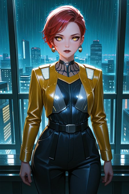 masterpiece, best quality, absurdres,
<lora:ILCyberAurore:0.8>
CyberAurore, 1girl, red hair, short hair, yellow eyes, loop earrings, looking at viewer, cowboy shot, rain, at night, cityscape
