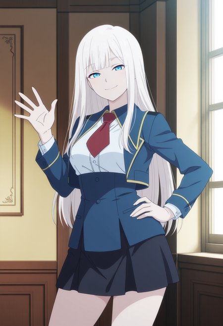1girl,solo,mm,mature female,long hair,white hair,blue eyes,bangs,anime coloring,
red necktie,shirt,blue jacket,skirt,cowboy shot, waving, contrapposto, looking at viewer, smile,indoors,hand on own hip, 
,masterpiece,best quality,amazing quality,<lora:Elena_Kimberlite-Kinsou_no_Vermeil:0.8>