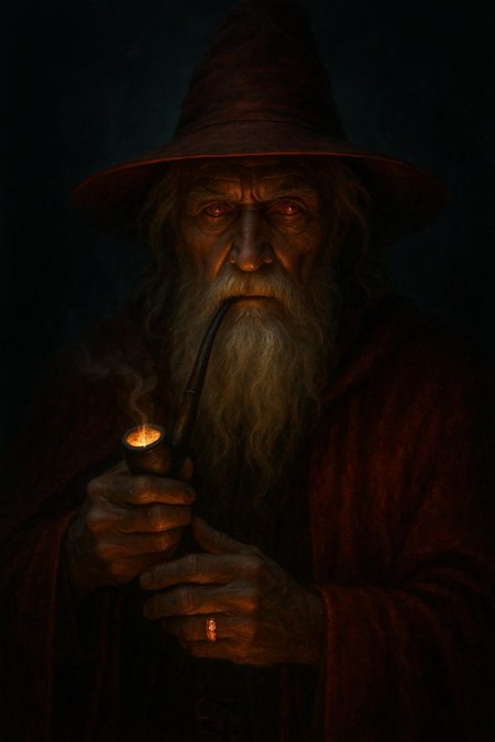 ultra realistic portrait depicting an elderly wizard man with a long, flowing white beard and mustache, set against a dark, ominous background. He has a weathered, deeply lined face with a stern expression, and his eyes are a piercing red, adding to the eerie atmosphere. The man is dressed in a red, heavy cloak that glows like embers, and he wears a red wide-brimmed hat that casts a shadow over his face. There's also a fiery ring on his finger.

The focal point of the image is the man's hands, which are holding a glowing smoke pipe that emits a soft, flickering light. The smoke pipe is casting a warm glow on the man's face and hands, contrasting sharply with the dark surroundings. 

The background is a swirling mix of dark blues and blacks, creating a sense of depth and mystery. The lighting is low, with the smoke pipe providing the only significant source of illumination, creating dramatic shadows and highlighting the textures of the man's beard and hat. 

The image is highly detailed, with a realistic style, and the use of light and shadow adds a three-dimensional quality. The camera angle is slightly above eye level, looking down at the man, emphasizing his commanding presence.