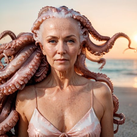 RAW photo, exterior photo, full body shot from the front of a beautiful 70 year old woman as medusa, bald hair, wrinkled face, pink summer dress ((made of octopus and squid tentacles)), she stands at a beach in golden hour, full sharp, detailed face, visible feet, blue eyes, (high detailed skin:1.2), 8k uhd, dslr, soft lighting, high quality, film grain, Fujifilm XT  <lora:polyhedron_tentacles-000005:1>
focus on eyes, spotted light on her face, face towards sun, light on face, sun on face, backlit, rim light, focus on eyes, clear eyes, shiny eyes, glittering eyes, light reflections in his eyes, winter white skin, pale skin, dry skin, clear skin, oiled shiny skin, blush, flushed cheeks, visible skin detail, skin pores, imperfect skin, skin blemish, few freckles, skin fuzz, beauty spot, moles <lora:polyhedron_all_sdxl-000004:0.1>
((background is an old fisher town))