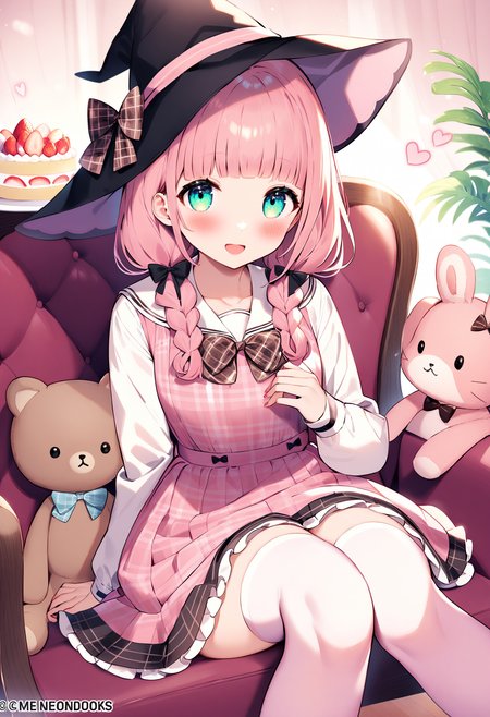 <lora:Animagine_Style5726786029:0.8>, 1girl, solo, long hair, looking at viewer, blush, smile, open mouth, blue eyes, shirt, skirt, long sleeves, dress, thighhighs, hat, bow, ribbon, sitting, twintails, green eyes, tareme, school uniform, collarbone, white shirt, pink hair, braid, hair ribbon, flower, heart, :d, hair bow, frills, sleeveless, collared shirt, indoors, bowtie, blunt bangs, sailor collar, white thighhighs, red bow, twin braids, red ribbon, aqua eyes, zettai ryouiki, black headwear, plaid, sleeveless dress, feet out of frame, black bow, black ribbon, watermark, witch hat, low twintails, chair, plaid skirt, stuffed toy, frilled dress, frilled skirt, stuffed animal, pink bow, pink dress, couch, hair over shoulder, white sailor collar, black bowtie, sailor dress, teddy bear, strawberry, pinafore dress, brown dress, pleated dress, stuffed rabbit, on chair, pink theme, pink thighhighs, plaid bow, brown bow, cake slice, plaid dress, pink apron, stuffed cat, frilled sailor collar, best quality