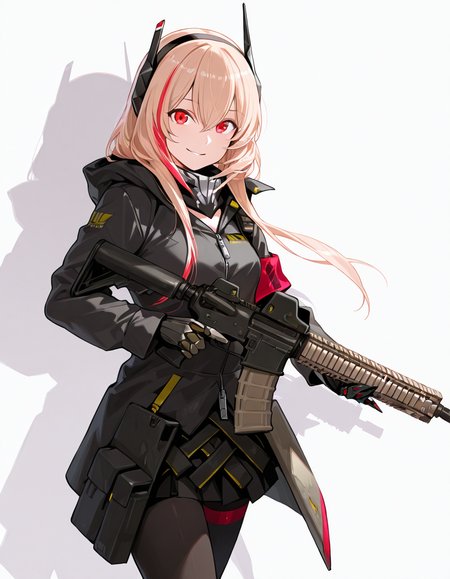 Volumetric Lighting, (masterpiece), (best quality), (ultra-detailed), masterpiece, source_anime, score_9, score_8_up, score_7_up BREAK, illustration, disheveled hair, detailed eyes, perfect composition, moist skin, intricate details, detailed eyes, detailed face, detailed fingers BREAK, long hair, blonde hair, pink hair, streaked hair, red hair, red eyes, hair between eyes, left mechanical arms, single mechanical arm BREAK, M4sopmod2def, def_jacket, def_headgear, def_single_armband, def_skirt, def_single_glove, def_pantyhose BREAK, ((white background)), 1girl, solo, long hair, looking at viewer, smile,weapon,holding weapon, gun, holding gun, rifle, assault rifle, m4 carbine,standing,shadow