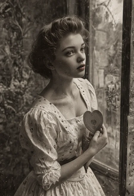 (masterpiece), (best quality), (ultra-detailed), Valentine's Day, ((B&W 35mm Vintage photo of)) 19th century, The girl is stands at the window, the girl is slender, attractive girl, her french twist haircut with a reddish tinge, her eyes are large and expressive, dark eyebrows, the girl's lips are plump, (she holds big heart-shaped card in her hands:2.1), the girl is dressed in ((a (white) loose strict modest dress with lace:1.5)), comfortable shoes with a bow on the girl's feet, the window the girl is looking through. decorated with beautiful curtains, the living room is covered with luxory light blue wallpaper, which makes the room cozy, the girl stands strong, curvy, big soft natural breasts, hourglass figure, flushed face, ultra curly dark red hair, amber eyes, sweaty skin, low key lighting, RAW photo, detailed textures, sharp focus, ultra-high pixel detail, intricate, realistic, dramatic, cinematic, high-quality, full colors, incredibly detailed, 4k, hyper-realistic, RAW photo, masterpiece, ultra-detailed, professional ((B&W)) photography, bokeh, illustration, illustration, disheveled hair, detailed eyes, perfect composition, moist skin, intricate details, earrings, Luxurious Elegance, Valentine's Day, ((B&W 35mm Vintage photo of)) 19th century, The girl is stands at the window, the girl is slender, attractive girl, her french twist haircut with a reddish tinge, her eyes are large and expressive, dark eyebrows, the girl's lips are plump, (she holds big heart-shaped card in her hands:2.1), the girl is dressed in ((a (white) loose strict modest dress with lace:1.5)), comfortable shoes with a bow on the girl's feet, the window the girl is looking through. decorated with beautiful curtains, the living room is covered with luxory light blue wallpaper, which makes the room cozy, the girl stands strong, curvy, big soft natural breasts, hourglass figure, flushed face, ultra curly dark red hair, amber eyes, sweaty skin, low key lighting, RAW photo, detailed textures, sharp focus, ultra-high pixel detail, intricate, realistic, dramatic, cinematic, high-quality, full colors, incredibly detailed, 4k, hyper-realistic, RAW photo, masterpiece, ultra-detailed, professional ((B&W)) photography, bokeh, illustration, extravagant, ornate, designer, opulent, picturesque, lavish, Baroque, Valentine's Day, ((B&W 35mm Vintage photo of)) 19th century, The girl is stands at the window, the girl is slender, attractive girl, her french twist haircut with a reddish tinge, her eyes are large and expressive, dark eyebrows, the girl's lips are plump, (she holds big heart-shaped card in her hands:2.1), the girl is dressed in ((a (white) loose strict modest dress with lace:1.5)), comfortable shoes with a bow on the girl's feet, the window the girl is looking through. decorated with beautiful curtains, the living room is covered with luxory light blue wallpaper, which makes the room cozy, the girl stands strong, curvy, big soft natural breasts, hourglass figure, flushed face, ultra curly dark red hair, amber eyes, sweaty skin, low key lighting, RAW photo, detailed textures, sharp focus, ultra-high pixel detail, intricate, realistic, dramatic, cinematic, high-quality, full colors, incredibly detailed, 4k, hyper-realistic, RAW photo, masterpiece, ultra-detailed, professional ((B&W)) photography, bokeh, illustration, dramatic, exuberant, grandeur, baroque art
