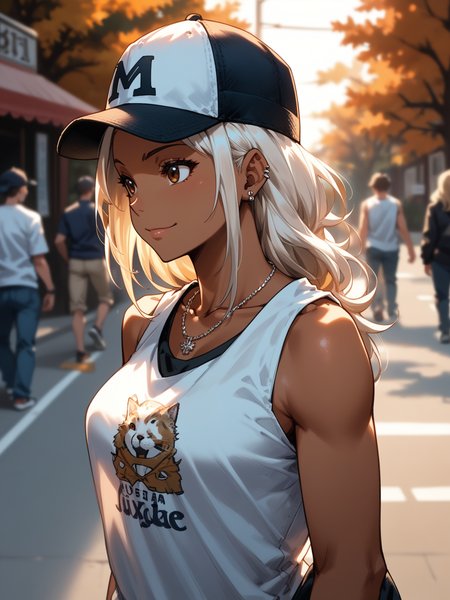(upper body, solo focus:1.2) <lora:happy_tentacle-mao-v0.2-000036:1>, ht_mao, white hair, brown eyes, tan, dark skin, large breasts (petite:1.2), <lora:Shed_The_Skin's StS_age_slider_v1_initial_release:-1> ( (sleeveless :1.1) :1.1) ( , , ( flustered :1.2) , smile , :1.1) , outdoors, vegetation, ( :1.1), autumn , (dusk :0.6), , (:0.5), (people, crowded, surrounded:1) , (gothic architecture :0.9), (contemporary, streetwear:1.2), torn jeans, denim , baseball cap , t-shirt , , two-sided fabric, (jewelry:1.2), earrings, bracelet, necklace, , (( from side :1.2) :0.8) score_9, score_8_up, score_7_up, score_6_up, score_5_up, score_4_up, ( [(realistic, photorealistic:1.3):(realistic:1.2):14] [(3d:1.2)::12] :1) <lora:LUUNA's Lunas-NijiJourney-SDXL-B2:0.35>, nijijourney <lora:prgfrg23's Counterfeit-V3.0 Style SDXL_LoRA_Pony Diffusion V6 XL:0.5> <lora:mfcg's mfcgXL:0.12> <lora:reweik's gyokai(himehajime)_PonyXL_style_v01:0.14>