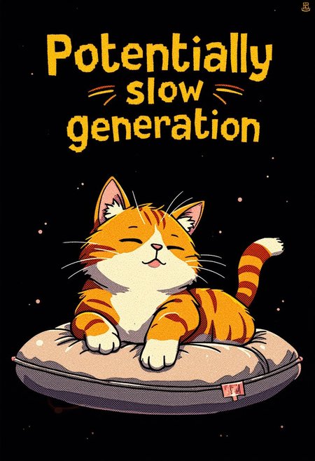 text "Potentially slow generation" yellow letter on top, 
A pixelized style image of a lazy cat sitting on a black background. The cat has its eyes closed and is lying on its back. There is a cushion beside the cat. lazy cat.
text "Potentially slow generation" yellow letter on top