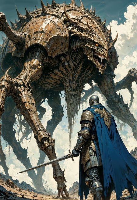 a dramatic fantasy scene. The layout is vertical, focusing on a knight in full armor standing defiantly against a colossal, menacing creature resembling a giant insect or arachnid. The knight, clad in metallic armor with a weathered texture, holds a sword pointed towards the creature. A flowing blue cape adds a dynamic element to the composition. The creature towers over the knight, with a segmented, armored body and sharp, angular features. Its exoskeleton is a mix of earthy tones, reflecting light in a way that emphasizes its massive scale. The background features a cloudy sky, adding depth and atmosphere to the scene. The overall color palette is muted, with earthy browns and grays contrasting against the knight's blue cape. The image conveys a sense of tension and epic confrontation.