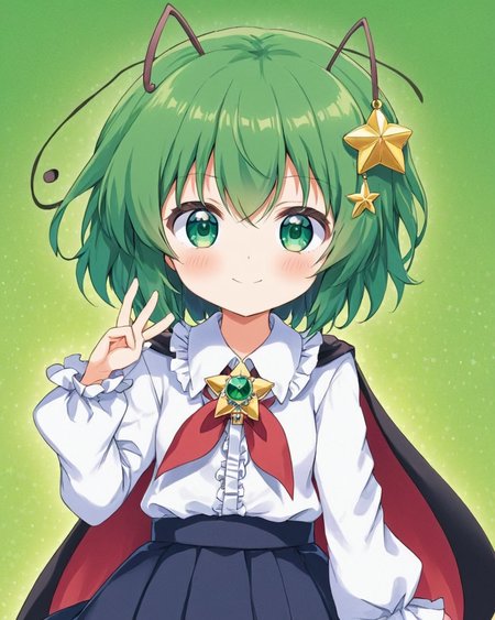 wriggle nightbug,1girl, solo, sample_watermark, traditional_media, marker_\(medium\), smile, brooch, closed_mouth, looking_at_viewer, cowboy_shot, frilled_skirt, antennae, white_shirt, black_skirt, frilled_shirt, green_background, long_sleeves, blush, hair_bow, black_cape, frilled_sleeves, red_bow, frilled_shirt_collar, head_tilt, ribbon
<lora:wriggle_nightbug_image3698_2023-12-11-000006:1>,star-shaped_pupils,symbol-shaped_pupils,. gorgeous,key visual, vibrant, studio anime,award-winning, professional, highly detailed,high budget, cinemascope