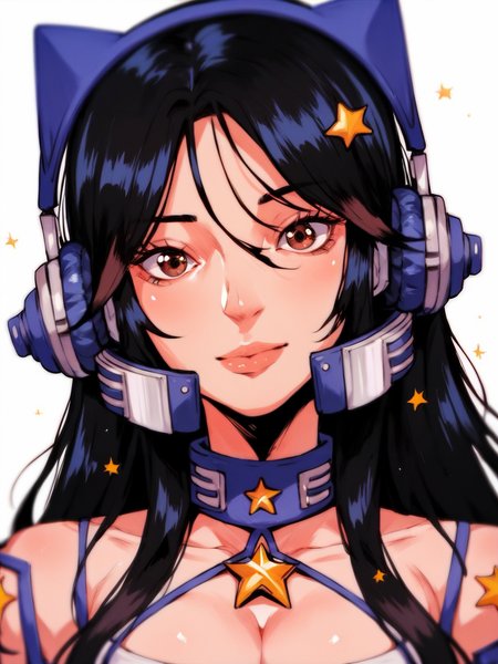 score_9, score_8_up, score_7_up, score_6_up, score_5_up,  <lora:HaranikalaXLP:0.8> hara, 1girl, solo, headphones, looking at viewer, long hair, portrait, white background, star (symbol), brown eyes, simple background, black hair, cleavage, large breasts,
