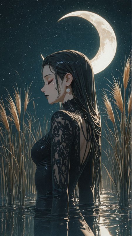 1woman, dark theme, (painterly:1.2, pastel \(medium\):1.3), portrait, <lora:add-detail-xl:1>
masterpiece,best quality,
black hair, long hair, wet hair, hair slicked back, (head tilted back), closed eyes, red eyeshadow, fading eyeshadow, black lips, closed mouth, black dress, tight dress, wet dress, long sleeves, hair behind ear, pearl earrings, water drops, water trail,
emerging from water, reflective water, tall reeds, moonlight, crescent moon, starry sky, elegant posture, soft shadows, eerie atmosphere, teal atmosphere, ethereal, mythical presence, gothic beauty, highly detailed, moody
from side, side profile