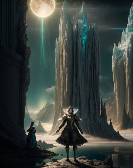 Greg Rutkowski: (magical lighting), (smooth color transitions), (dynamic character details), (epic fantasy scenes)Crater lake with emerald water stone astronaut statues,Phased moon facility breakout through cosmic static walls,Diamond rain: Sun pillars stabbing through ice-crystal fog,
hyperrealistic surrealism,ultra-detailed,intricate textures,luminous colors,cinematic lighting,dramatic perspective,volumetric atmosphere,8k UHD,sharp focus, professional color grading, 
<lora:extremely_detailed:0.8> extremely detailed,
<lora:DetailMaximizer:0.7>,
<lora:offset_0.2:0.7>,
<lora:add-detail-xl:0.3>,
<lora:aidmaMJ6.1_v0.5_2:0.7> aidmamj6.1,
<lora:Consistency Corrector XL:0.3>, Retrofuturism painting art style, nostalgic composition, combines retro aesthetics with futuristic elements, Baroque art style, dynamic composition, dramatic lighting, rich colors, intricate details, professional-grade execution, captures the grandeur and theatricality of the Baroque period