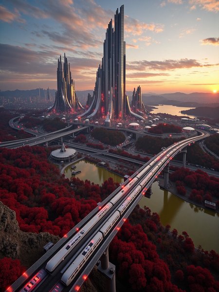 on the detailed  photo we see a railroad ltrack leading up a mountain  and high detail photo of a huge futuristic high-tech city on a foreign planet. in the center there is a gigantic cylinder, a structure that streches far into the sky and may be a space escalator. Public transport lines with trains on rails with red LED connect the city and cross the small lake next to the city. There are redish forests and the water of the lake is a dark yellow. sunset, vibrant colors,   crystalz   underexposed	eerie atmosphere,  desaturated muted colors ,realistic movie scene, extremely detailed, ideal for wallpaper art ultra realistic photograph  <lora:ral-crystalz_flux:1> <lora:UltraRealPhoto:0.95>