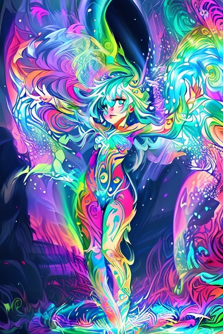 A shaman girl dances in the snow, beats a tambourine. The night sky with the aurora borealis (An image with very contrasting and vivid psychedelic colors) (OverallDetail, DaSa, psychedelic)
